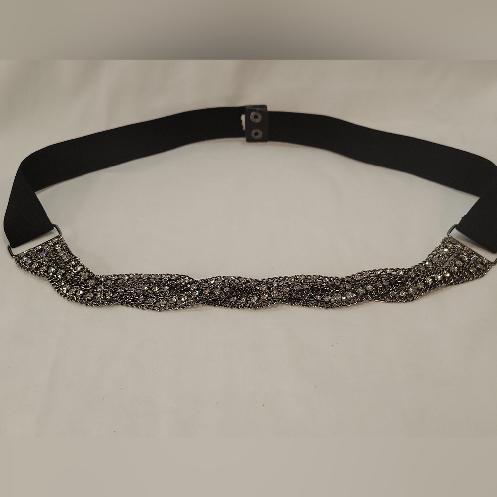 Yik Fung Rhinestone Braided Silver Belt, with Elastic and Double Snap Closure